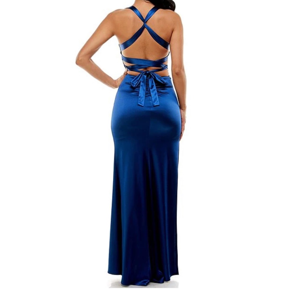 NWOT B. Darlin Sleeveless Satin X-Back Long Marine Blue Dress- Size 13/14 - Picture 2 of 13